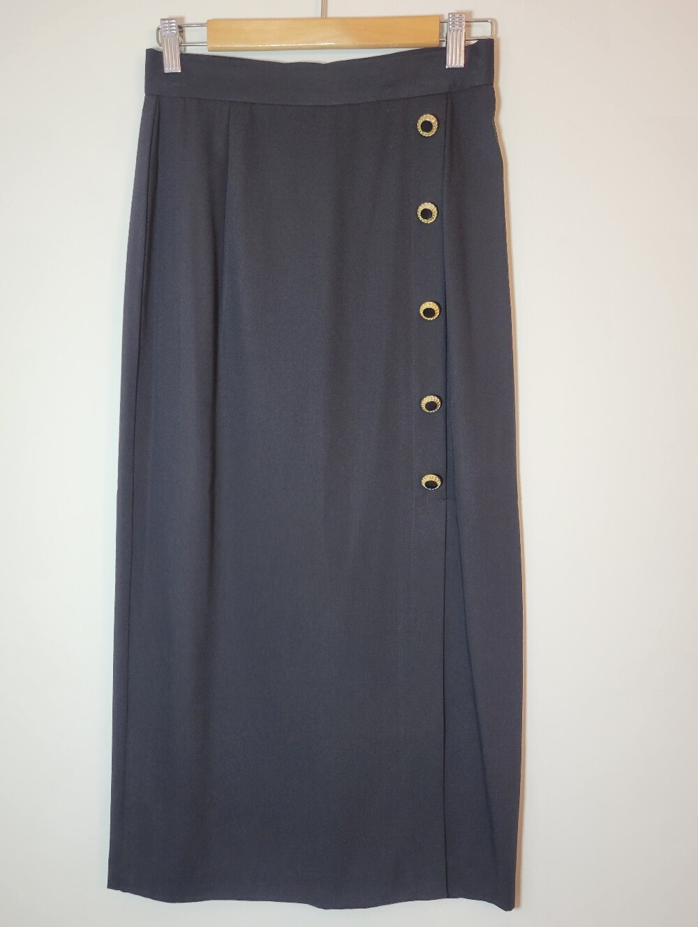 90s Vintage Black Column Midi Skirt Gold Hardware Faux Wrap High Waist Size 10